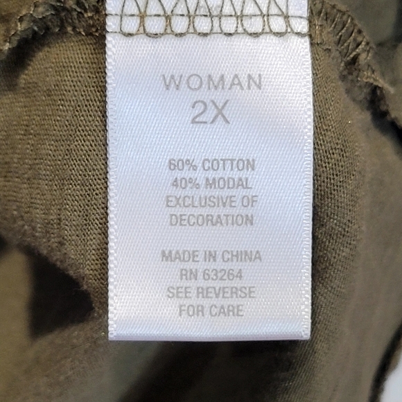 WESTPORT 2X Cotton Blend Olive Green Boho 3/4 Sleeve Embroidered Tassle V Neck - Picture 5 of 6